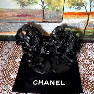 Chanel Size 6 Black Leather Gladiator Sandals with High Cage